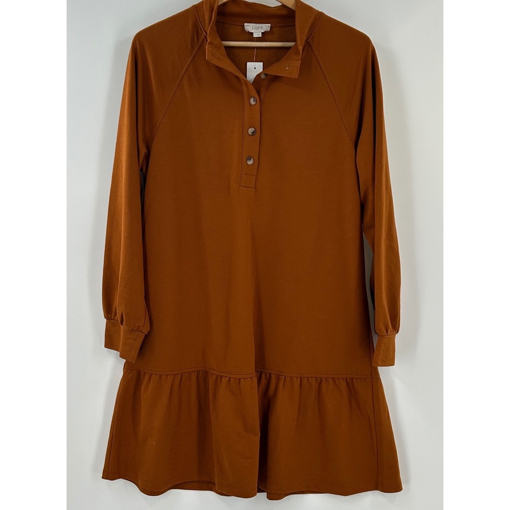Loft Outlet Womens Rust Brown Henley Ruffle Hem Sweatshirt Dress Large NWT